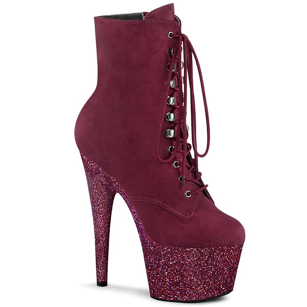 Glittery 7” Suede Pleaser Boots in Burgundy